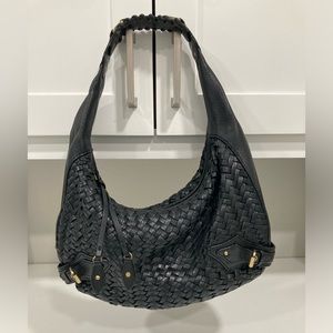 Cole Haan Village Weave Black Leather Hobo Bag with Gold Hardware